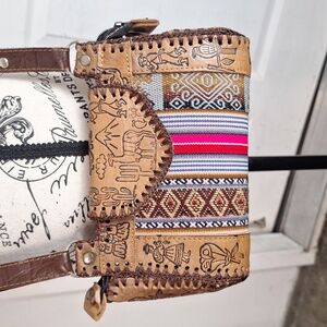 PERU CUSCO WOMEN'S TEXTILE FABRIC EMBOSSED LEATHER BOHO PURSE CROSSBODY BAG